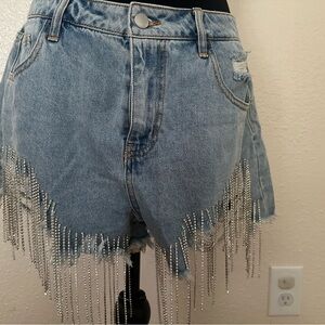 Fashion Nova Light Blue Denim Shorts with Fringe “Cam through Dripping”